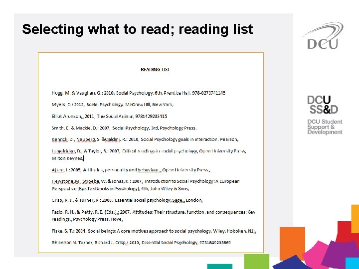 Selecting what to read; reading list 