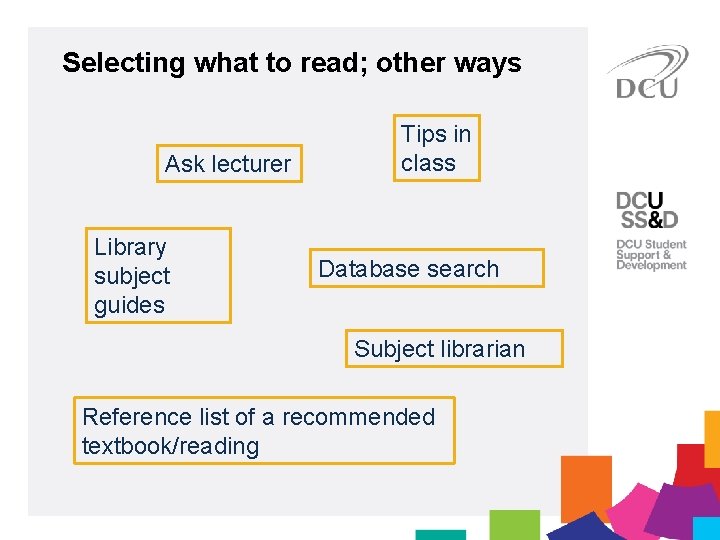 Selecting what to read; other ways Ask lecturer Library subject guides Tips in class