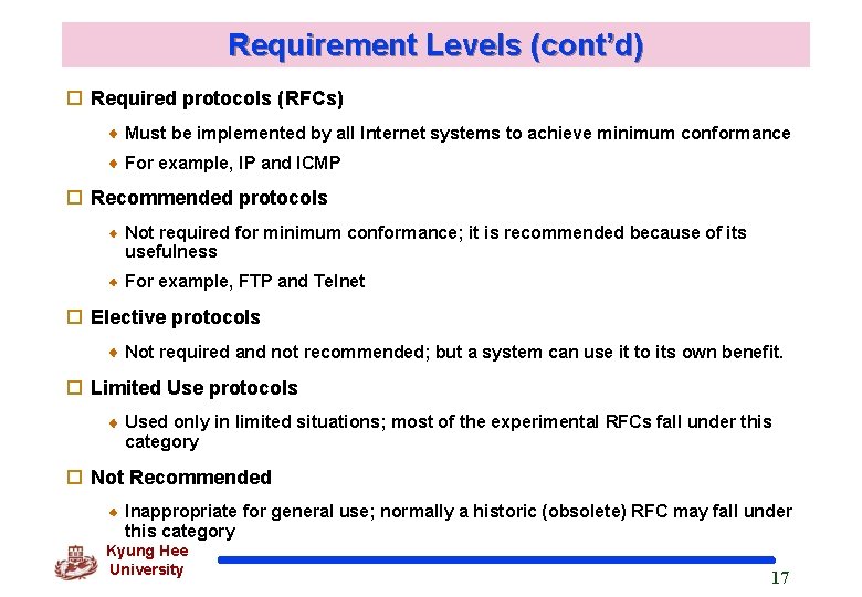 Requirement Levels (cont’d) o Required protocols (RFCs) Must be implemented by all Internet systems