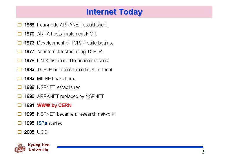 Internet Today o 1969. Four-node ARPANET established. o 1970. ARPA hosts implement NCP. o