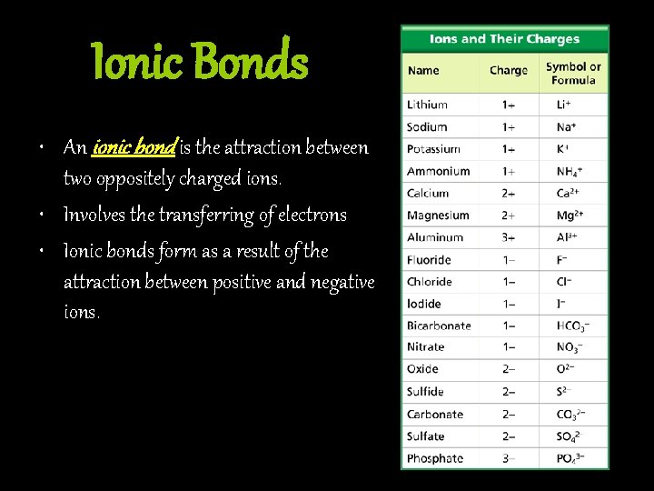 Ionic Bonds • An ionic bond is the attraction between two oppositely charged ions.