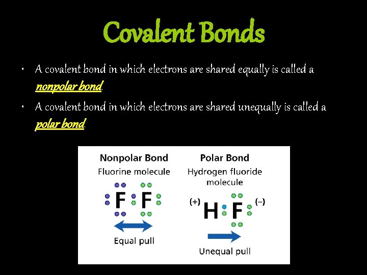 Covalent Bonds • A covalent bond in which electrons are shared equally is called