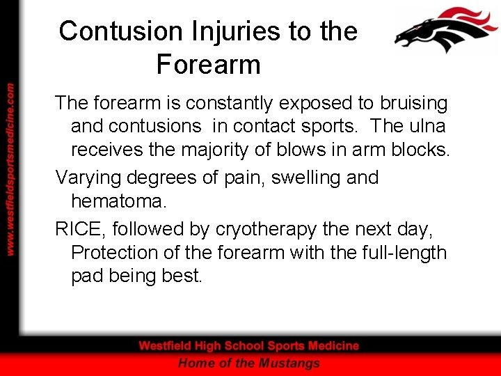 Contusion Injuries to the Forearm The forearm is constantly exposed to bruising and contusions