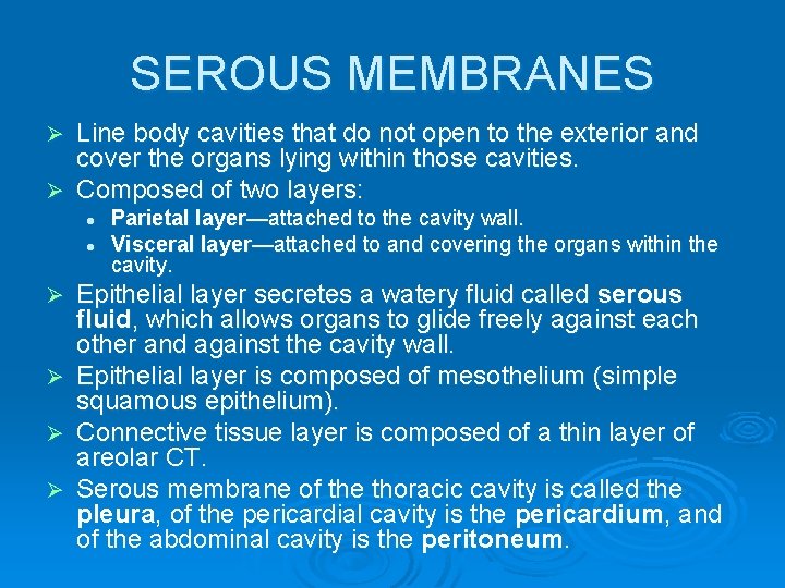 SEROUS MEMBRANES Line body cavities that do not open to the exterior and cover