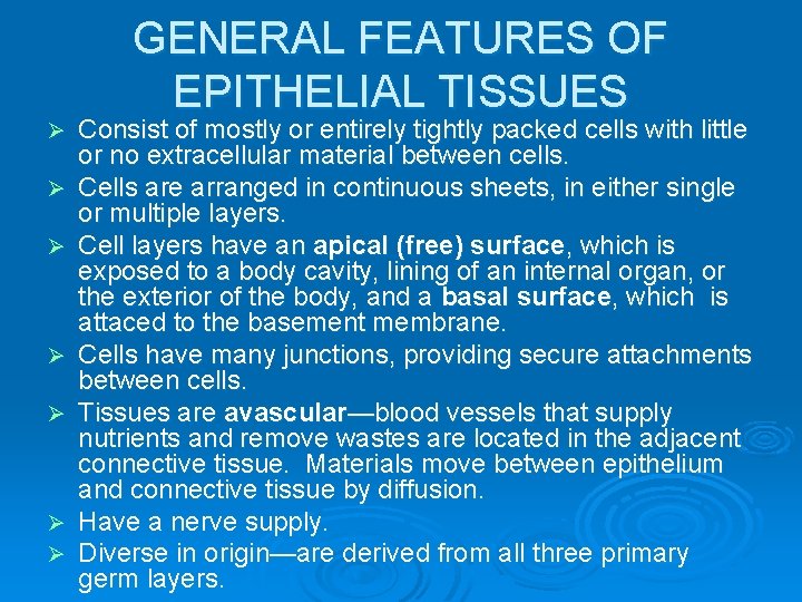 GENERAL FEATURES OF EPITHELIAL TISSUES Ø Ø Ø Ø Consist of mostly or entirely