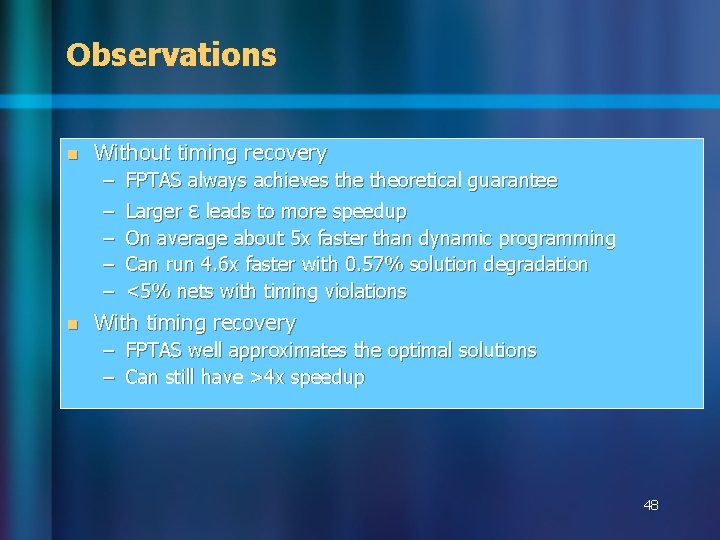 Observations n Without timing recovery – – – n FPTAS always achieves theoretical guarantee Observations n Without timing recovery – – – n FPTAS always achieves theoretical guarantee