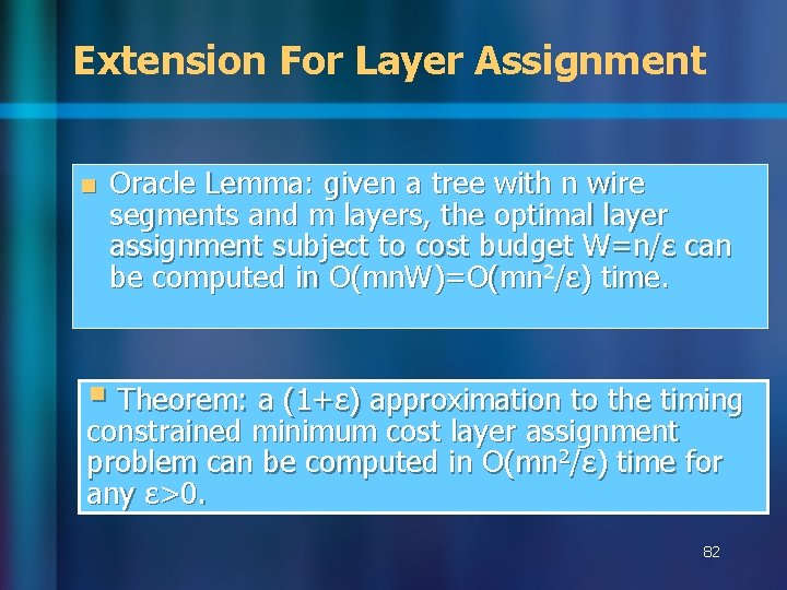 Extension For Layer Assignment n Oracle Lemma: given a tree with n wire segments Extension For Layer Assignment n Oracle Lemma: given a tree with n wire segments