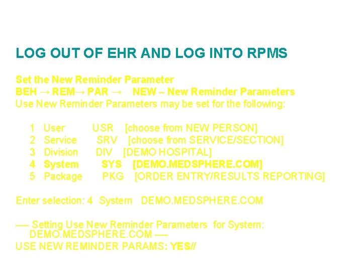 Step 4: Set New Reminder Parameter LOG OUT OF EHR AND LOG INTO RPMS