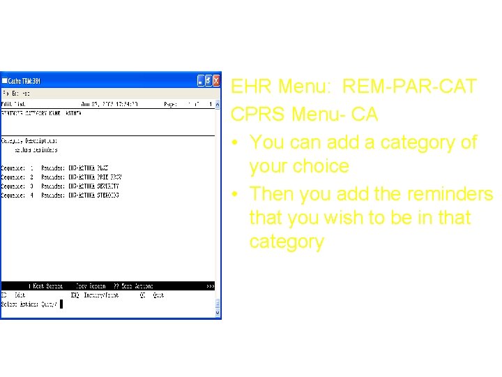 Create Categories (folders) EHR Menu: REM-PAR-CAT CPRS Menu- CA • You can add a