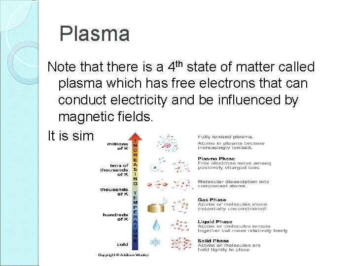 Plasma Note that there is a 4 th state of matter called plasma which