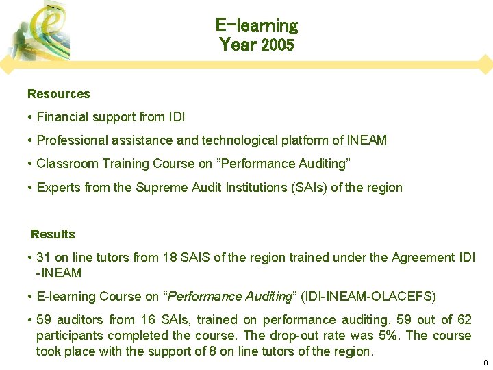 E-learning Year 2005 Resources • Financial support from IDI • Professional assistance and technological