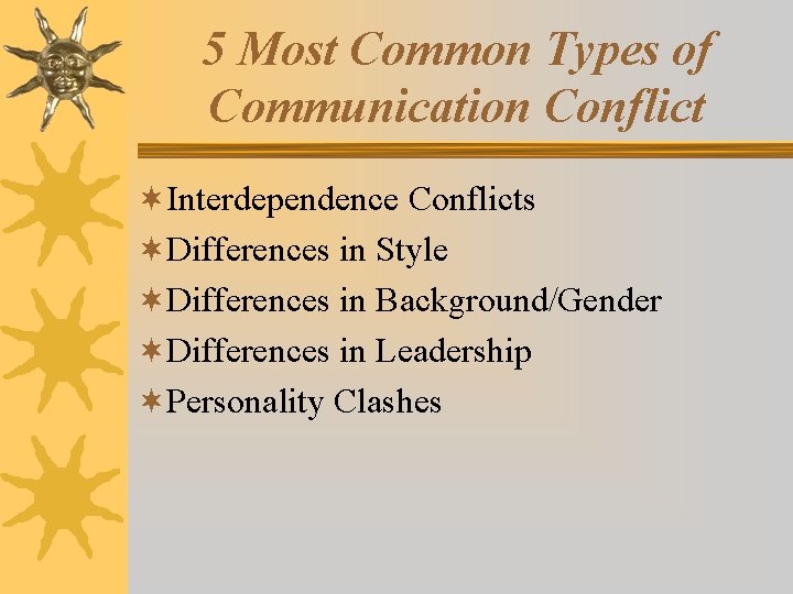 5 Most Common Types of Communication Conflict ¬Interdependence Conflicts ¬Differences in Style ¬Differences in