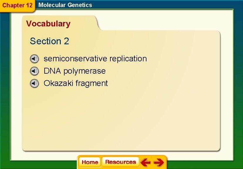 Chapter 12 Molecular Genetics Vocabulary Section 2 semiconservative replication DNA polymerase Okazaki fragment 