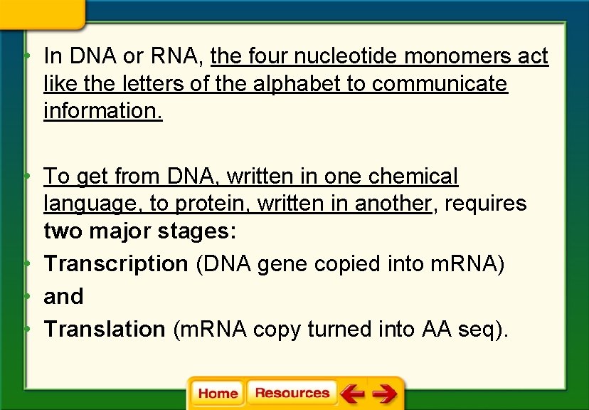  • In DNA or RNA, the four nucleotide monomers act like the letters