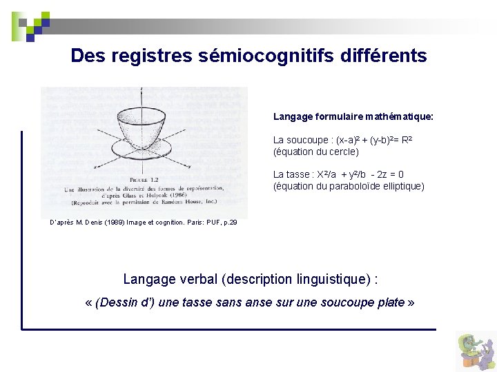 Des registres sémiocognitifs différents Langage formulaire mathématique: La soucoupe : (x-a)2 + (y-b)2= R
