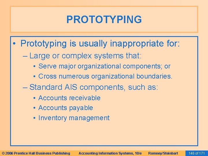 PROTOTYPING • Prototyping is usually inappropriate for: – Large or complex systems that: • PROTOTYPING • Prototyping is usually inappropriate for: – Large or complex systems that: •