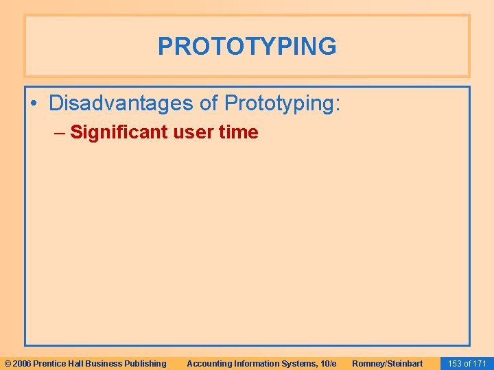 PROTOTYPING • Disadvantages of Prototyping: – Significant user time © 2006 Prentice Hall Business PROTOTYPING • Disadvantages of Prototyping: – Significant user time © 2006 Prentice Hall Business