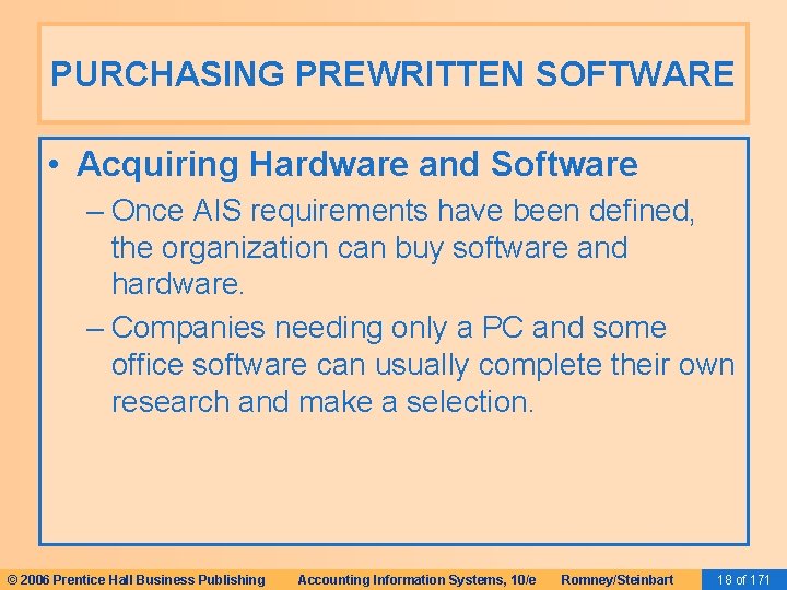 PURCHASING PREWRITTEN SOFTWARE • Acquiring Hardware and Software – Once AIS requirements have been PURCHASING PREWRITTEN SOFTWARE • Acquiring Hardware and Software – Once AIS requirements have been