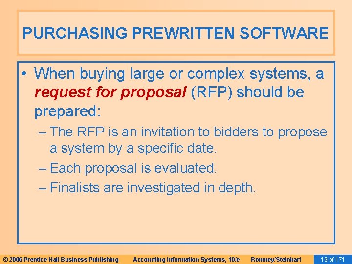 PURCHASING PREWRITTEN SOFTWARE • When buying large or complex systems, a request for proposal PURCHASING PREWRITTEN SOFTWARE • When buying large or complex systems, a request for proposal