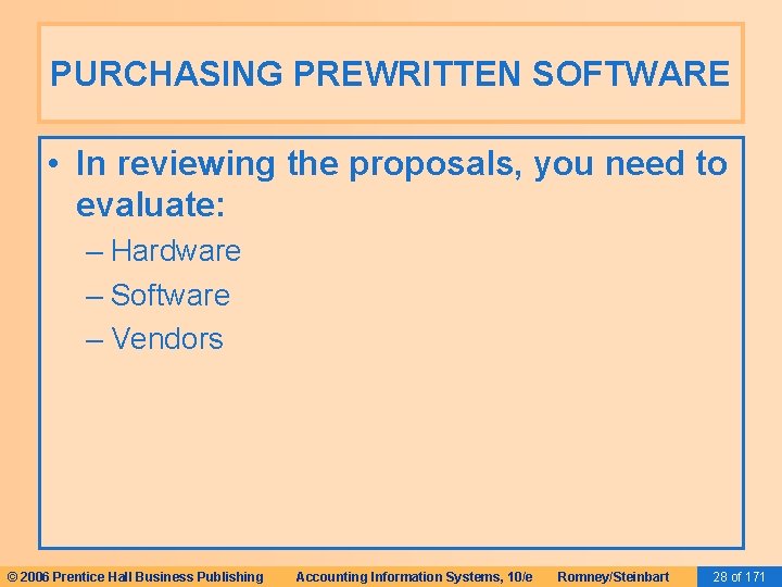 PURCHASING PREWRITTEN SOFTWARE • In reviewing the proposals, you need to evaluate: – Hardware PURCHASING PREWRITTEN SOFTWARE • In reviewing the proposals, you need to evaluate: – Hardware