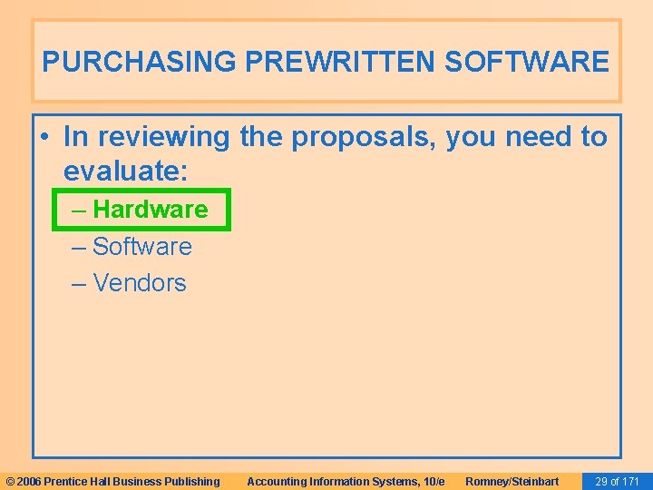 PURCHASING PREWRITTEN SOFTWARE • In reviewing the proposals, you need to evaluate: – Hardware PURCHASING PREWRITTEN SOFTWARE • In reviewing the proposals, you need to evaluate: – Hardware