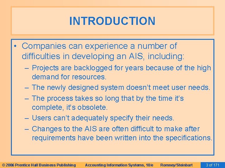 INTRODUCTION • Companies can experience a number of difficulties in developing an AIS, including: INTRODUCTION • Companies can experience a number of difficulties in developing an AIS, including: