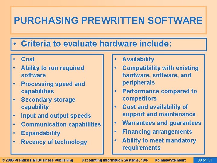 PURCHASING PREWRITTEN SOFTWARE • Criteria to evaluate hardware include: • Cost • Ability to PURCHASING PREWRITTEN SOFTWARE • Criteria to evaluate hardware include: • Cost • Ability to