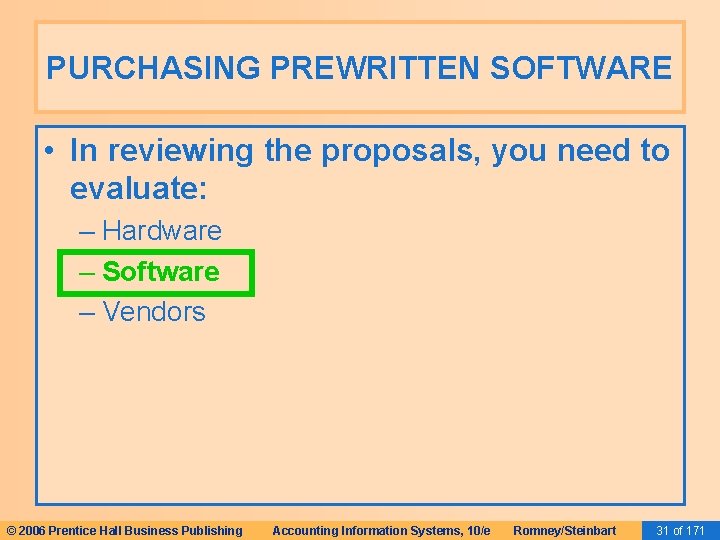 PURCHASING PREWRITTEN SOFTWARE • In reviewing the proposals, you need to evaluate: – Hardware PURCHASING PREWRITTEN SOFTWARE • In reviewing the proposals, you need to evaluate: – Hardware