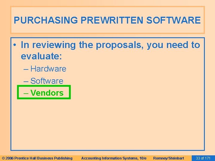 PURCHASING PREWRITTEN SOFTWARE • In reviewing the proposals, you need to evaluate: – Hardware PURCHASING PREWRITTEN SOFTWARE • In reviewing the proposals, you need to evaluate: – Hardware