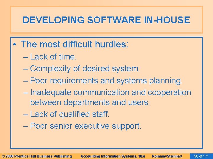 DEVELOPING SOFTWARE IN-HOUSE • The most difficult hurdles: – Lack of time. – Complexity DEVELOPING SOFTWARE IN-HOUSE • The most difficult hurdles: – Lack of time. – Complexity