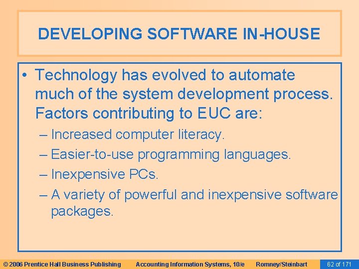 DEVELOPING SOFTWARE IN-HOUSE • Technology has evolved to automate much of the system development DEVELOPING SOFTWARE IN-HOUSE • Technology has evolved to automate much of the system development