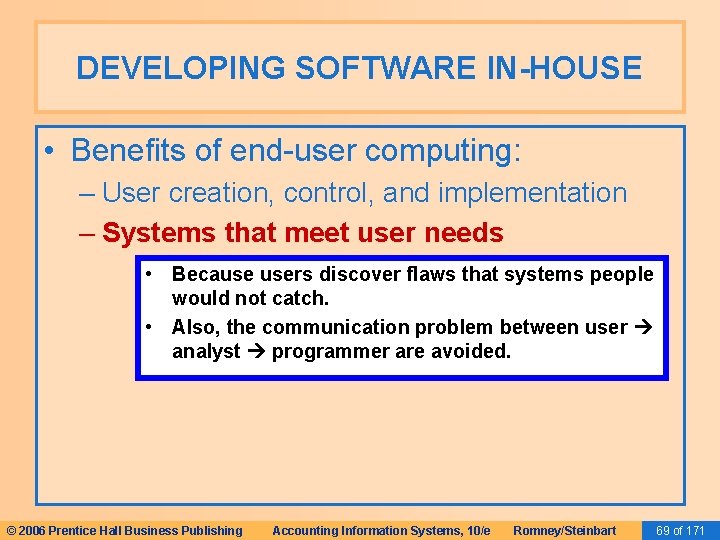 DEVELOPING SOFTWARE IN-HOUSE • Benefits of end-user computing: – User creation, control, and implementation DEVELOPING SOFTWARE IN-HOUSE • Benefits of end-user computing: – User creation, control, and implementation