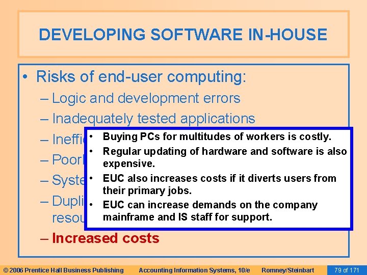 DEVELOPING SOFTWARE IN-HOUSE • Risks of end-user computing: – Logic and development errors – DEVELOPING SOFTWARE IN-HOUSE • Risks of end-user computing: – Logic and development errors –