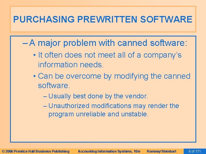 PURCHASING PREWRITTEN SOFTWARE – A major problem with canned software: • It often does PURCHASING PREWRITTEN SOFTWARE – A major problem with canned software: • It often does