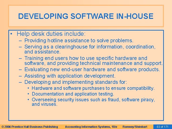 DEVELOPING SOFTWARE IN-HOUSE • Help desk duties include: – Providing hotline assistance to solve DEVELOPING SOFTWARE IN-HOUSE • Help desk duties include: – Providing hotline assistance to solve