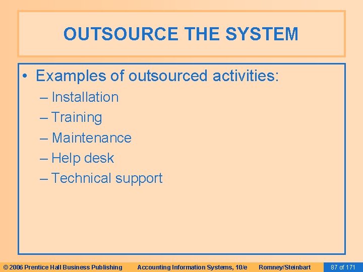 OUTSOURCE THE SYSTEM • Examples of outsourced activities: – Installation – Training – Maintenance OUTSOURCE THE SYSTEM • Examples of outsourced activities: – Installation – Training – Maintenance