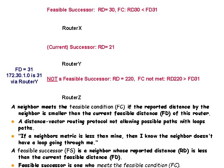 Feasible Successor: RD= 30, FC: RD 30 < FD 31 Router. X (Current) Successor: