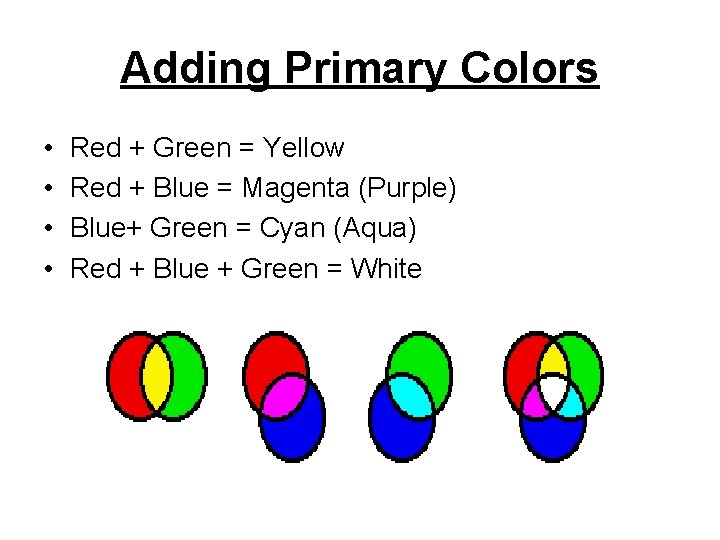 Adding Primary Colors • • Red + Green = Yellow Red + Blue =