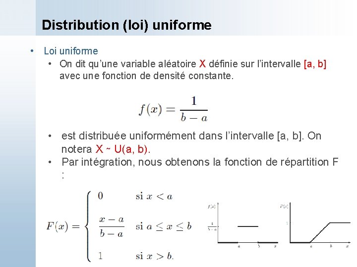 Distribution (loi) uniforme • Loi uniforme • On dit qu’une variable aléatoire X définie