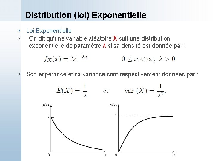 Distribution (loi) Exponentielle • Loi Exponentielle • On dit qu’une variable aléatoire X suit