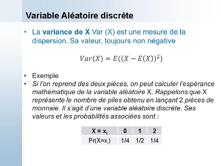 Variable Aléatoire discrète X = xi Pr(X=xi) 0 1 2 1/4 1/2 1/4 