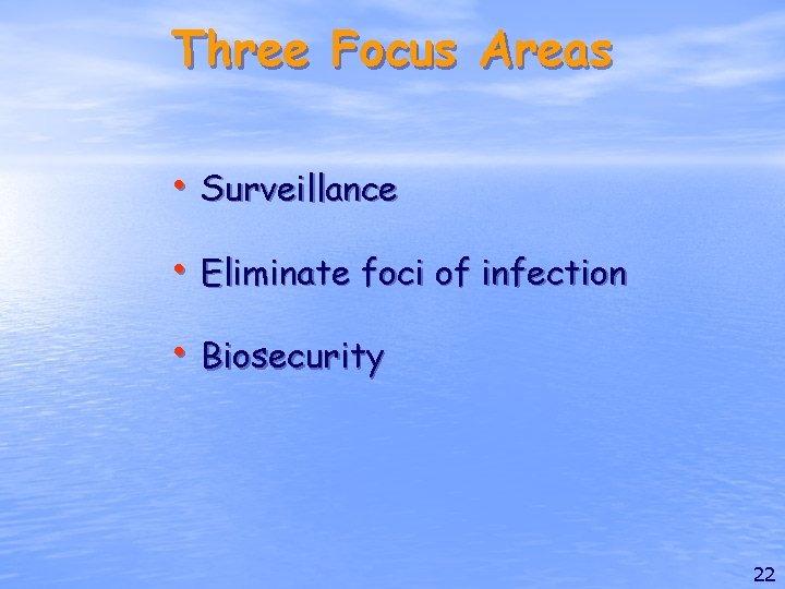 Three Focus Areas • Surveillance • Eliminate foci of infection • Biosecurity 22 