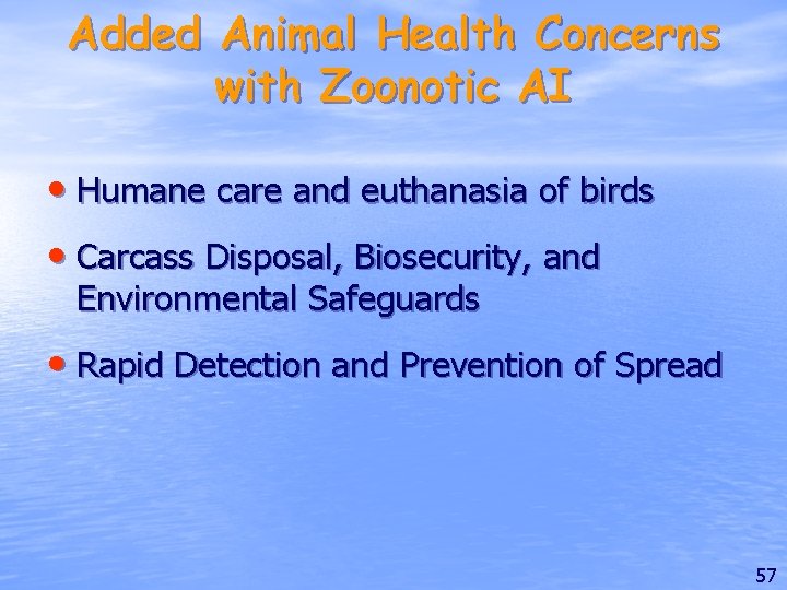 Added Animal Health Concerns with Zoonotic AI • Humane care and euthanasia of birds