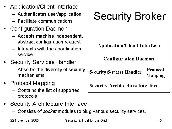  • Application/Client Interface – Authenticates user/application – Facilitate communications Security Broker • Configuration