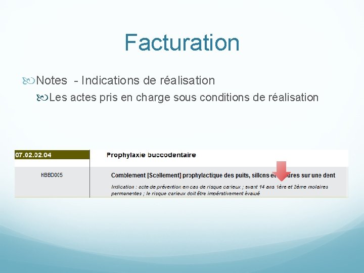 Facturation Notes - Indications de réalisation Les actes pris en charge sous conditions de