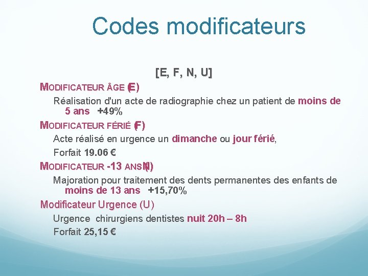 Codes modificateurs [E, F, N, U] MODIFICATEUR GE (E) Réalisation d'un acte de radiographie