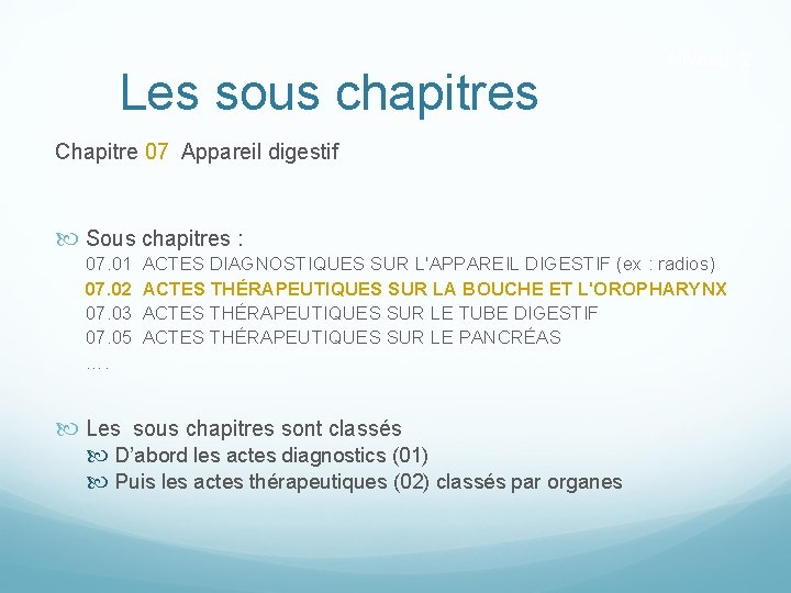 Les sous chapitres Niveau 2 Chapitre 07 Appareil digestif Sous chapitres : 07. 01