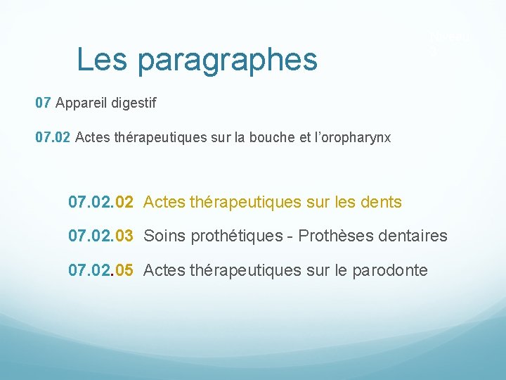 Les paragraphes Niveau 3 07 Appareil digestif 07. 02 Actes thérapeutiques sur la bouche