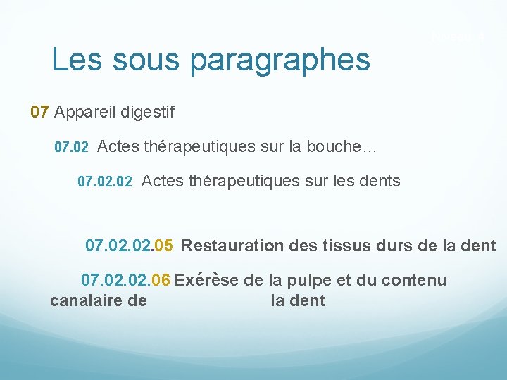 Les sous paragraphes Niveau 4 07 Appareil digestif 07. 02 Actes thérapeutiques sur la