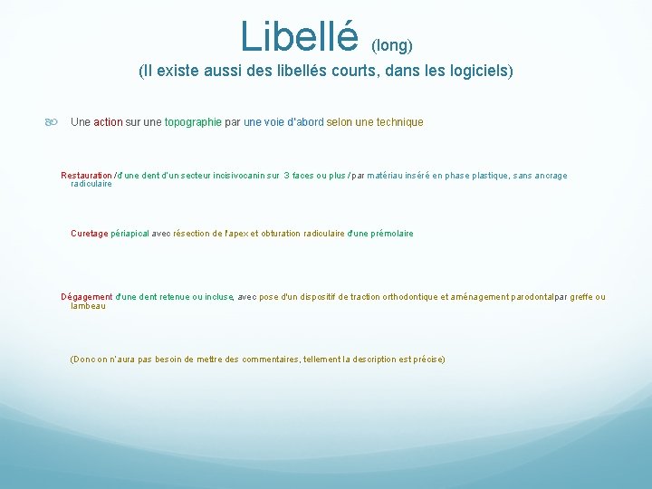 Libellé (long) (Il existe aussi des libellés courts, dans les logiciels) Une action sur